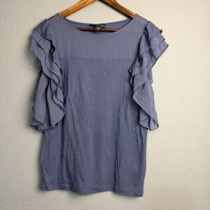 Attention Women's Blue Sheer Sleeveless Ruffle Flutter Cap Sleeve Blouse Size Lg